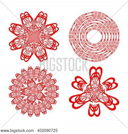 Set Of Four Decorative Doodle Patterns In Red Color, Circural Vintage Ornament. Textile Ornament Ele