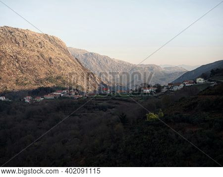 Aerial Panorama Of Idyllic Mountain Village Town Tibo Agriculture Terraces Arcos De Valdevez Norte R
