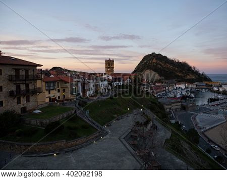 Panoramic View Of Fishing Village Harbour Coastal Town Getaria Guetaria On Urola Coast Gipuzkoa Basq