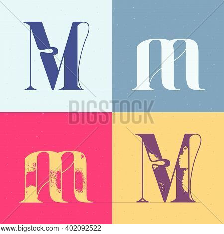 M Letter Logo With Elegant Line Decoration. Four Style Serif Font Set. Vector Vintage Icon Perfect T