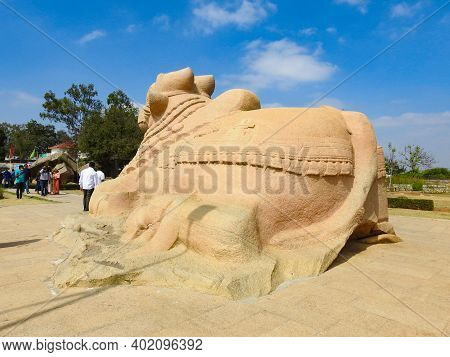 Closeup Of Beautiful Huge Or Big Lord Shiva Vehicle Nandi, Basava In A Blue Sky Background
