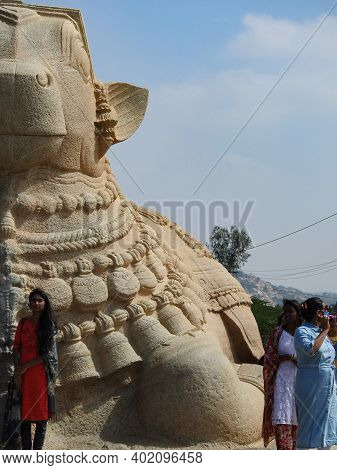 Closeup Of Beautiful Huge Or Big Lord Shiva Vehicle Nandi, Basava In A Blue Sky Background