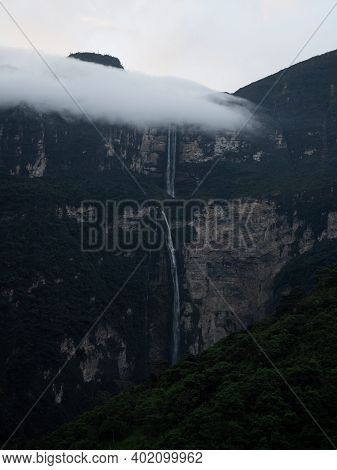 Panoramic View Of Catarata Del Gocta Waterfall Cataract Cascade In Bongara Amazonas Near Chachapoyas