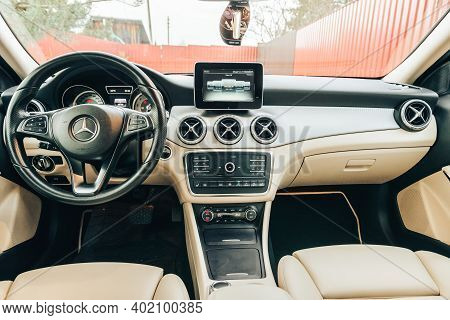 Moscow, Russia-november 26, 2020: Black Mercedes Benz Gla 250, Close-up Of A Light Leather Interior.