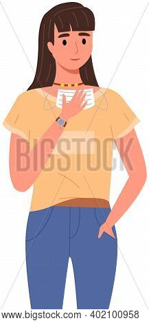Fair-haired Girl Is Putting On Mask. Woman In A Tshort Is Posing. Young Girl Without Medical Mask Ve