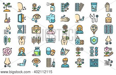 Seasonal Allergy Icons Set. Outline Set Of Seasonal Allergy Vector Icons Thin Line Color Flat On Whi
