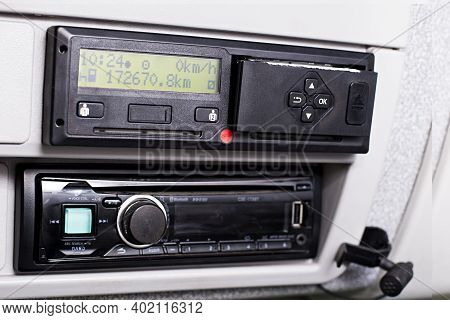 Digital Tachograph With A Printer Pop Out. Car Radio And Telephone Microphon Bellow Paper Replacemen