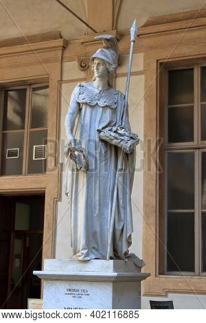 Turin, Italy - September 2020: Marble Statue Of The Minerva Goddess By The Artist Vincenzo Vela, On 