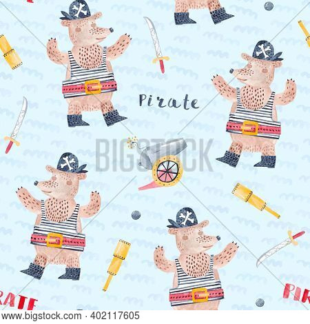 Cute teddy bear pirate. Seamless pattern. Watercolor illustration. Creative childish texture for fabric, wrapping, textile, wallpaper, apparel.