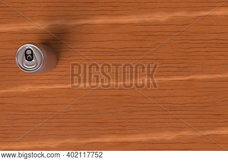 A Silver Beer Can Placed On The Wooden Table 3d Render