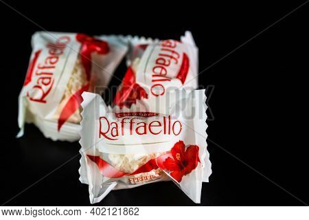 Ferrero Raffaello White Candy With Coconut Flakes Isolated.  Bucharest, Romania, 2021