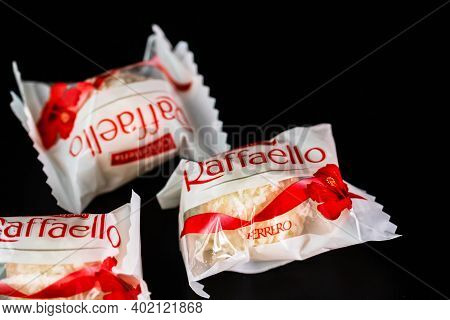 Ferrero Raffaello White Candy With Coconut Flakes Isolated.  Bucharest, Romania, 2021