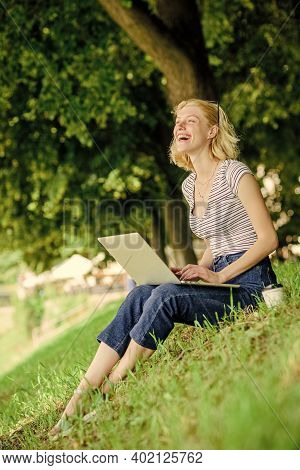 Why Employees Need To Work Outdoors. Girl Laptop Outdoors. Being Outdoors Exposes Workers To Fresher