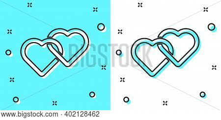 Black Line Two Linked Hearts Icon Isolated On Green And White Background. Romantic Symbol Linked, Jo