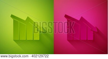 Paper Cut Financial Growth Decrease Icon Isolated On Green And Pink Background. Increasing Revenue. 