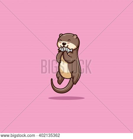 Vector Illustration. A Cute Otter Who Is Enjoying Eating His Favorite Fish. Flat Cartoon Style.
