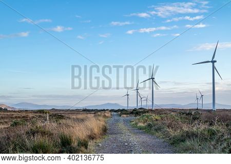 Portnoo , Ireland - December 06 2020 : The Loughderryduff Windfarm Is Producing Between Ardara And P