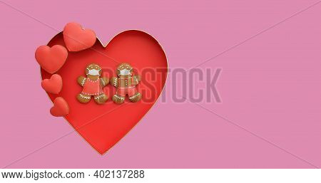Cute Funny Gingerbread Couple With Face Mask In Heart Decoration For Valentine Day. Sweet Love Conce