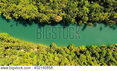 Aerial View Of Loboc River In Tropical Green Jungle. Bohol, Philippines.