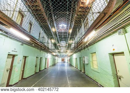Fremantle, Western Australia - Jan 5, 2018: Interior Corridor Inside Main Cell Block Of Fremantle Pr