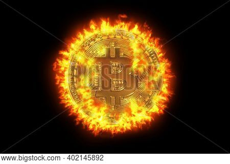 Hot Golden Bitcoin Crypto-currency With Bit Symbol. Isolated On Black Background. Crypto Asset For T
