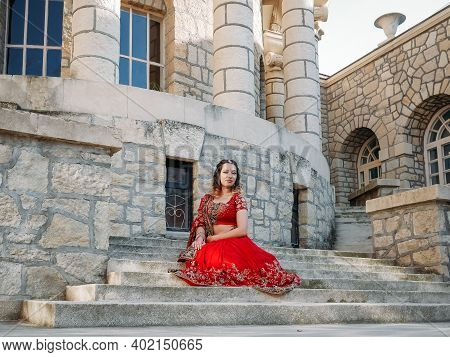Beautiful Ethnic Indian Saree. Young Woman In Red, Colorful, Sensual, Wedding And Very Feminine Outf