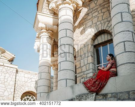 Beautiful Ethnic Indian Saree. Young Woman In Red, Colorful, Sensual, Wedding And Very Feminine Outf