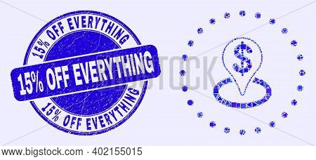 Geometric Bank Placement Mosaic Pictogram And 15 Percents Off Everything Watermark. Blue Vector Roun