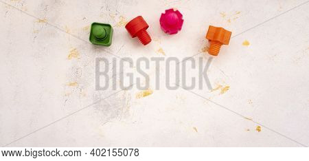 Educational Constructor For Children, Nuts And Bolts In The Form Of Geometric Shapes. Mock Up Backgr