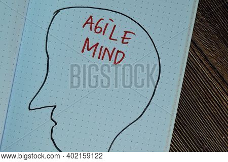 Agile Mind Write On A Book Isolated On Wooden Table.