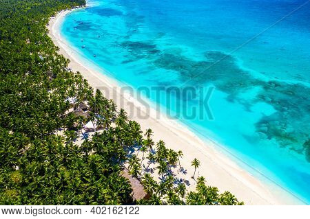 Aerial Drone View Of Beautiful Caribbean Tropical Island Beach With Palms. Saona, Dominican Republic