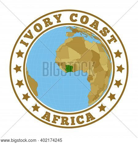 Ivory Coast Logo. Round Badge Of Country With Map Of Ivory Coast In World Context. Country Sticker S