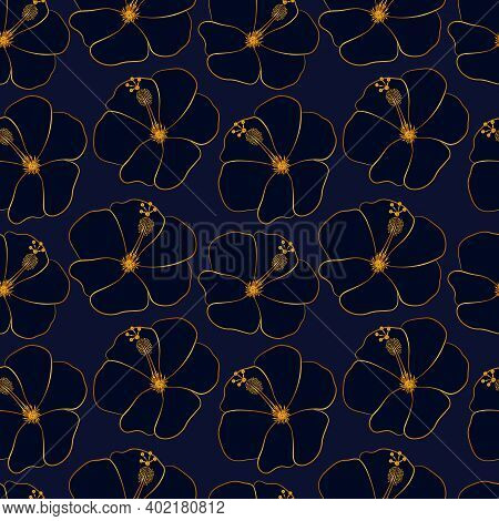 Seamless Pattern With Exotic Golden Hawaiian Tropical Hibiscus Flowers On Dark Navy Blue Background.