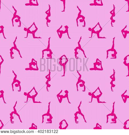 Seamless Pattern Of Silhouettes Of Woman Doing Yoga Poses On Pink Background. Feminine Pattern For T