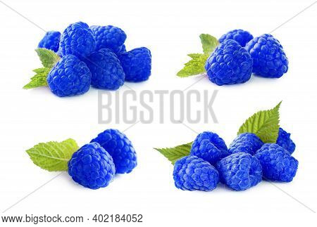Set Of Fresh Blue Raspberries On White Background