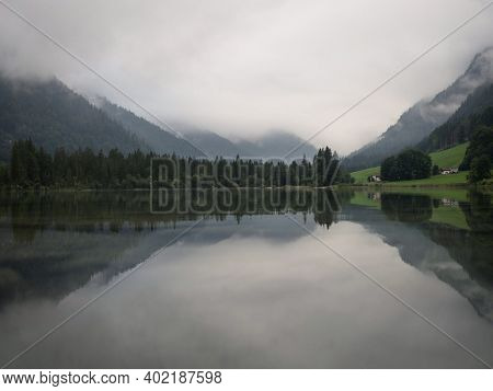 Panorama Reflection Of Alpine Mountain Lake Hintersee Cloudy Mystical Mood Ramsau Berchtesgadener La