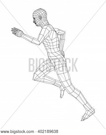 Wireframe Running Man. Vector 3d Rendering. Man In Running Pose