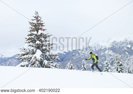 Ski Touring With Lots Of Fresh Snow One Man Uphill