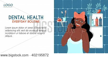 Horizontal Banner For Web Page Template. Dental Health Daily Care Concept. Young African Dark Skinne