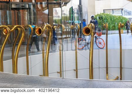 Milan, Italy - May 17, 2018: This Is A Modern Trumpets Like Art Detail Sculpture Albero Garutti In T