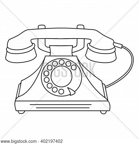 Antique Rotary Dial Telephone With A Wire. Vector Linear Illustration