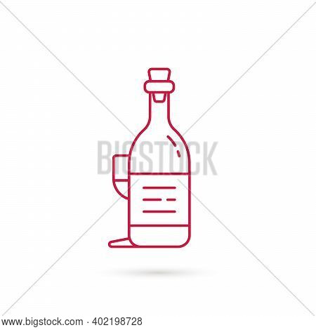 Red Wine Bottle And Glass Icon. Concept Of French National Alcoholic Drink And Winery Product. Linea