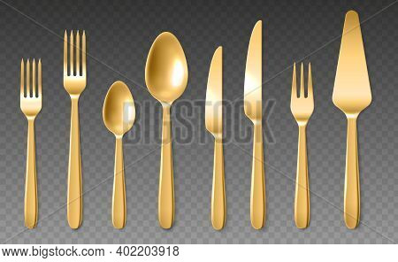 Realistic Golden Cutlery. Luxury Shiny Spoons, Knives And Forks, Yellow Metal 3d Clean Closeup Dinne