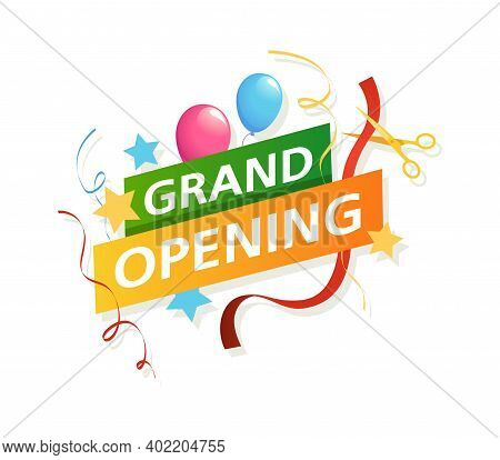 Grand Opening Banner. Vector Promo Flyer With Scissors, Ribbons And Balloons, Big Official Opening C