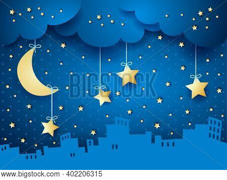 Surreal Background With Moon And Skyline. Vector Illustration Eps10