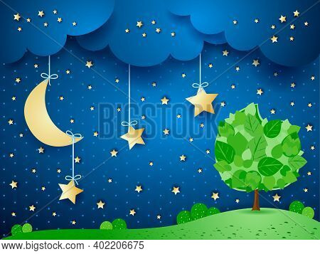Surreal Background With Moon And Tree, Vector Illustration Eps10