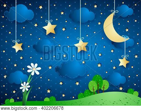 Surreal Background With Moon, Clouds And Flowers. Vector Illustration Eps10