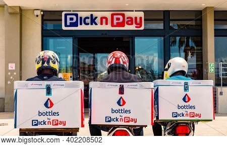 Express Service Home Delivery Bikes With African Riders Outside Local Pick N Pay Grocery Store