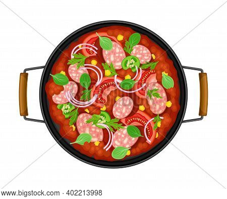 Stew With Forced Meat, Tomatoes And Salami In Frying Pan As Traditional Mexican Dish Vector Illustra