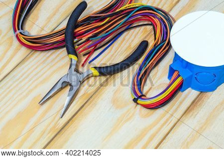 Electrical Junction Box With Wires And Tool Usually Used In The Electric Installation Process